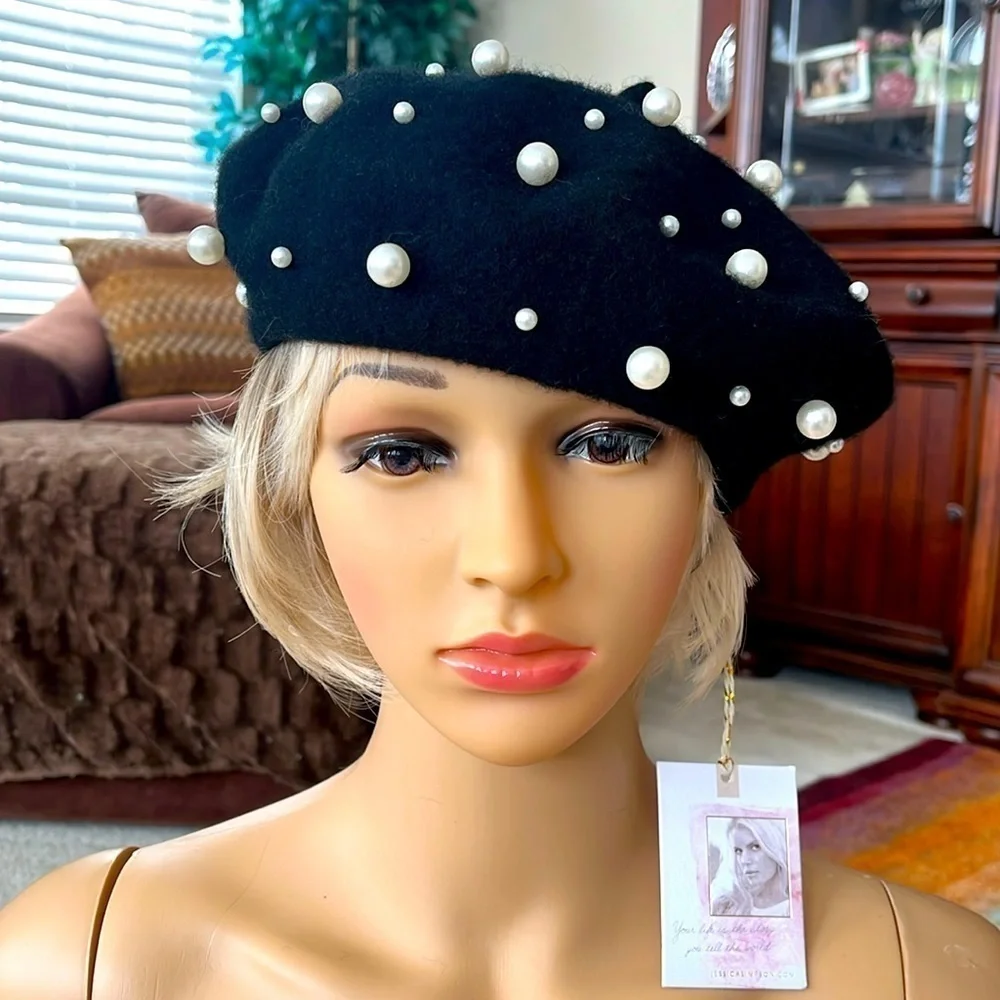 Brand New Jessica Simpson Black Wool French Beret w/ Faux Pearl Accents Beaded